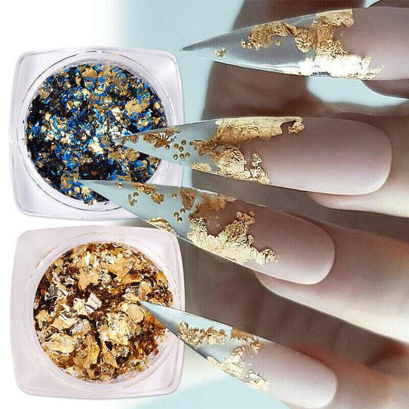 Six vibrant colors of mirror effect nail art glitter powder and foil flakes in small pots — view 5