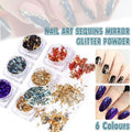 Six vibrant colors of mirror effect nail art glitter powder and foil flakes in small pots