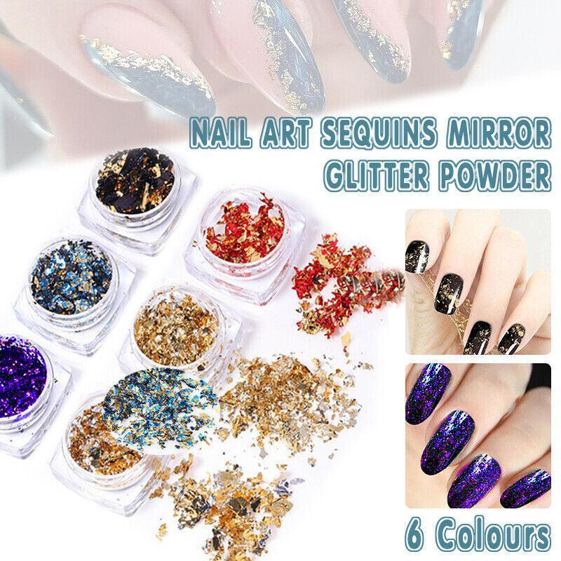 Six vibrant colors of mirror effect nail art glitter powder and foil flakes in small pots