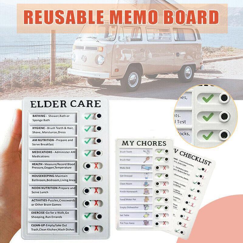 Reusable plastic memo board for daily chores with sliding checklist markers and printed text