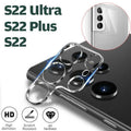 Clear tempered glass camera lens protector for Samsung Galaxy S22 series with cleaning kit.