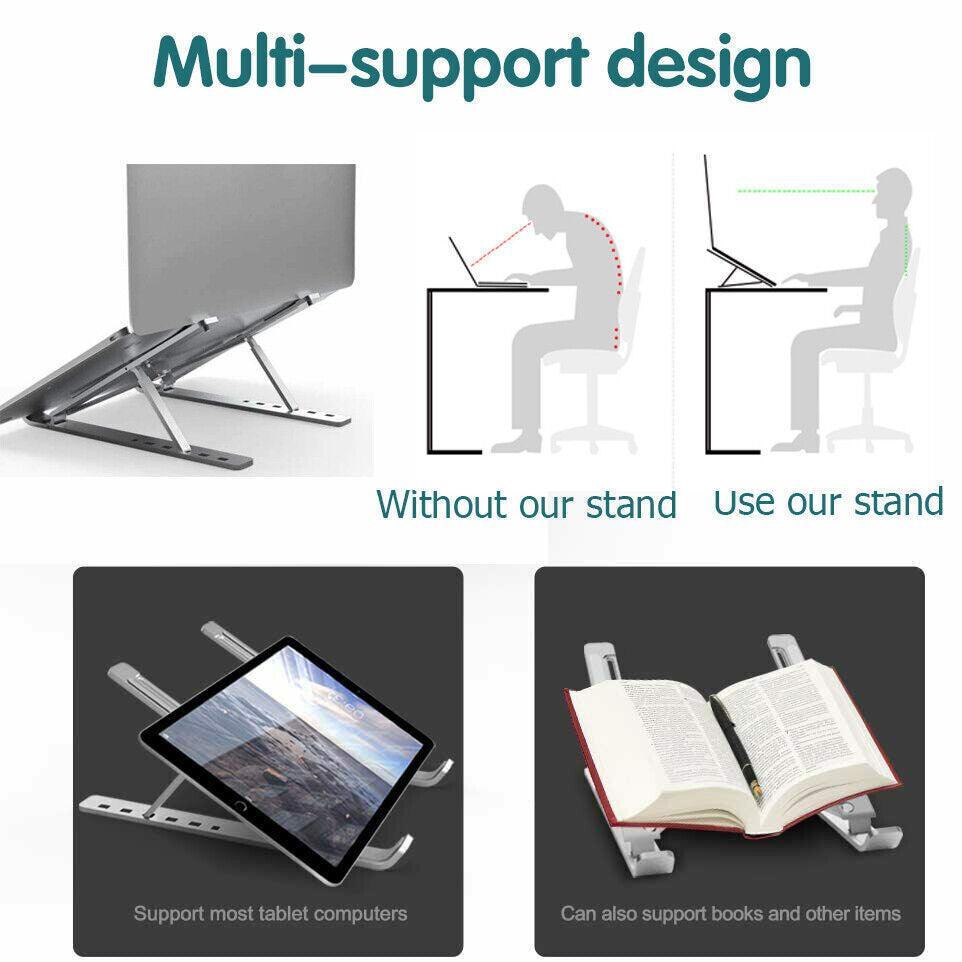 Silver aluminum adjustable laptop stand in open position with silicone anti-slip pads. — view 4