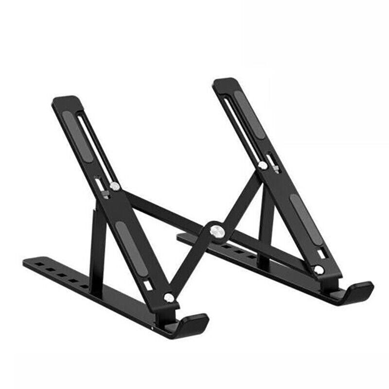 Silver aluminum adjustable laptop stand in open position with silicone anti-slip pads. — view 2