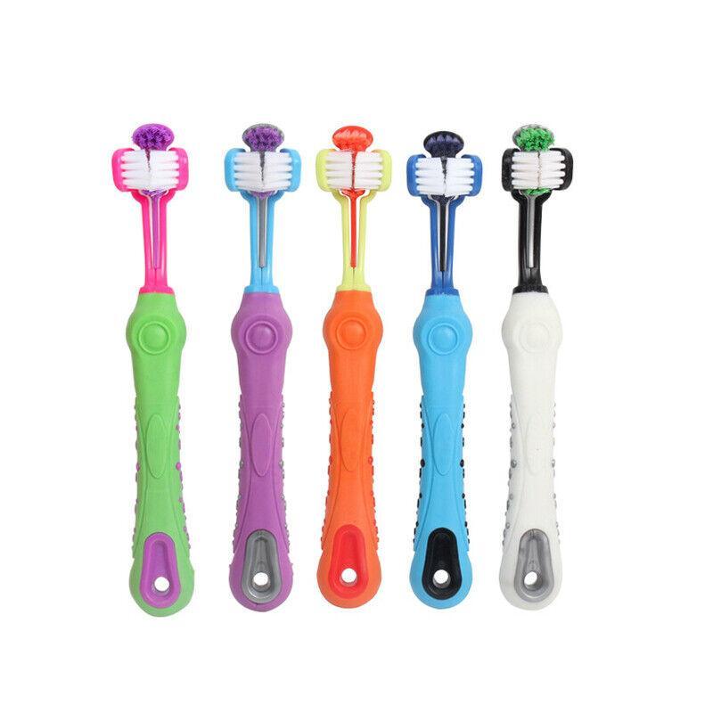 Three-sided plastic dog toothbrush for pet oral care and tartar removal in multiple vibrant colors — view 2