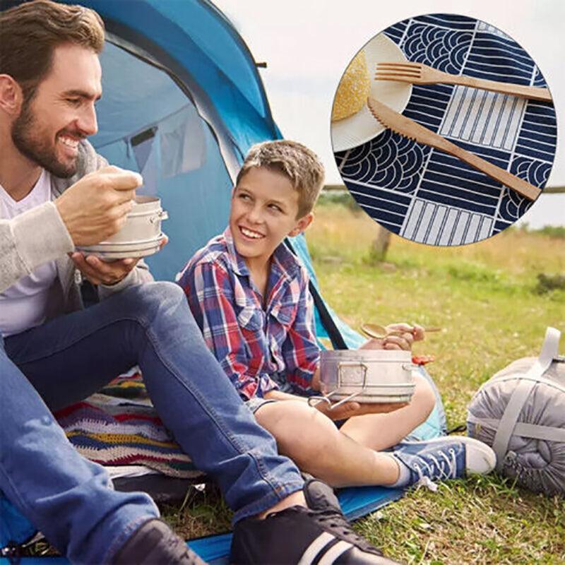 Seven piece bamboo travel cutlery set with knife fork spoon chopsticks straw and carrying pouch — view 3