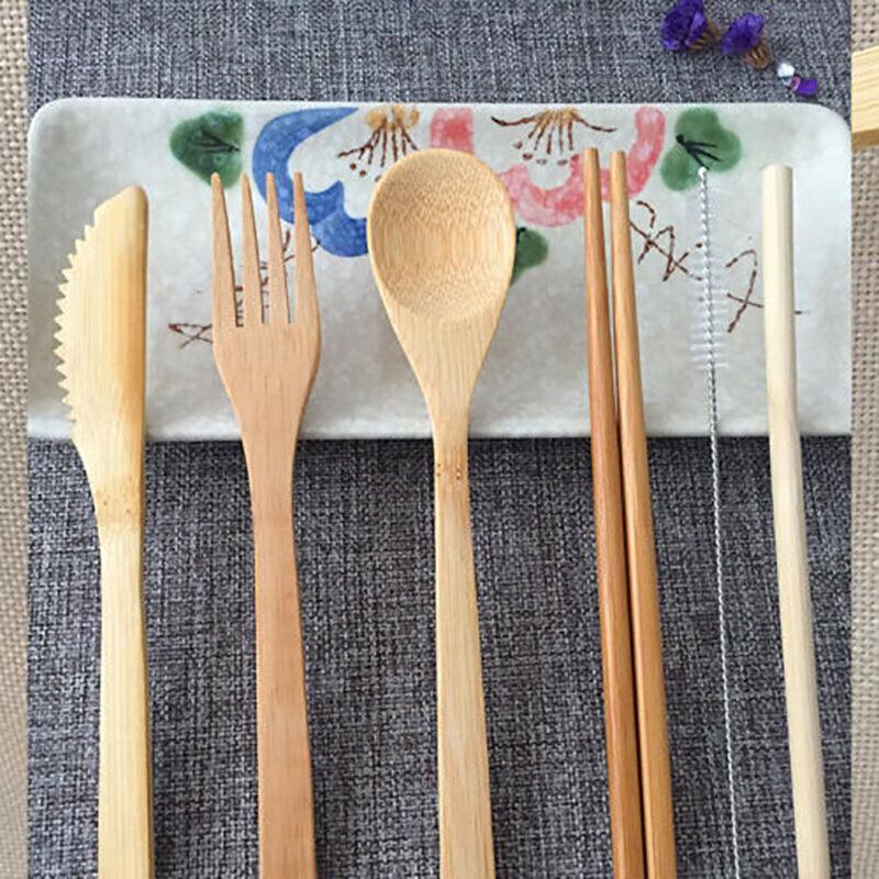 Seven piece bamboo travel cutlery set with knife fork spoon chopsticks straw and carrying pouch — view 4