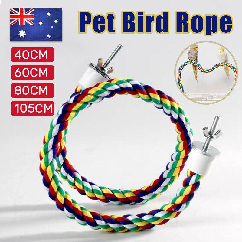 Parrot rope perch and flexible cotton bungee swing in multicolour with double cage attachments.