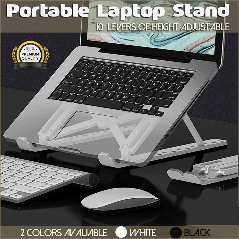 Adjustable portable laptop stand in white and black ABS plastic with foldable ergonomic hollow cooling design