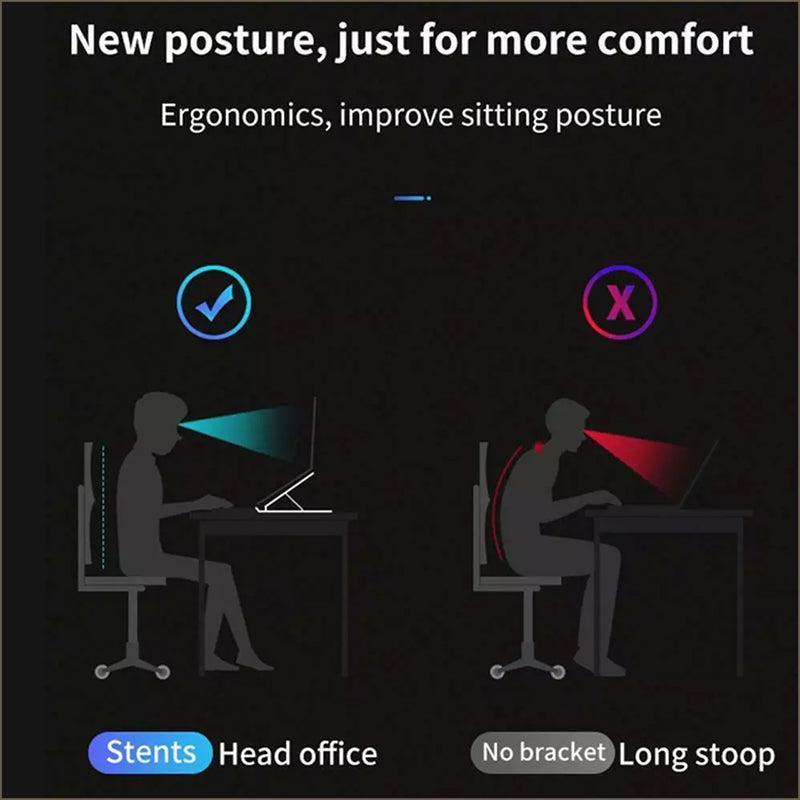Adjustable portable laptop stand in white and black ABS plastic with foldable ergonomic hollow cooling design — view 4