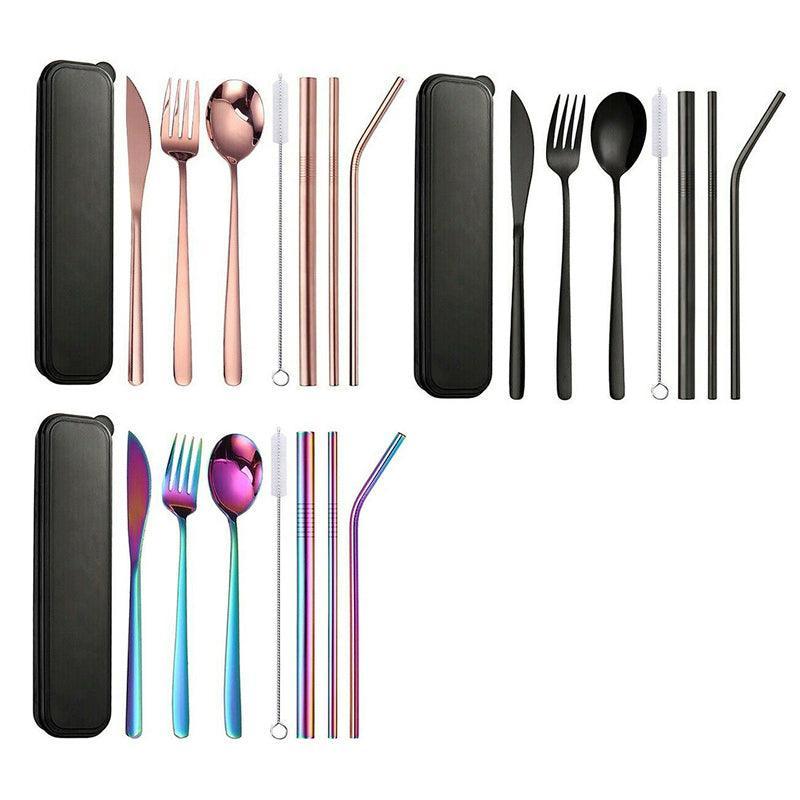 8-piece travel cutlery set in stainless steel with carrying case straws fork spoon and knife — view 2