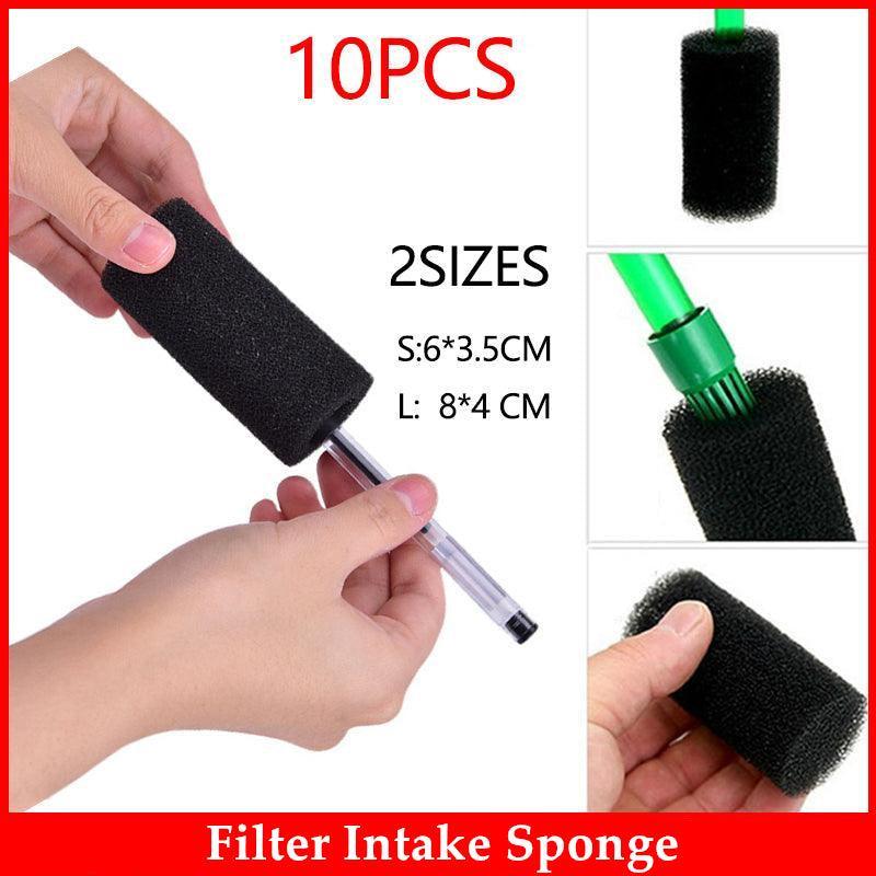 Ten piece black foam aquarium filter intake sponge set for protecting fry and small fish