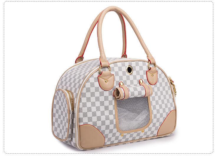 Luxury leather pet travel tote, stylish faux leather dog and cat carrier bag with sturdy handles. — view 3