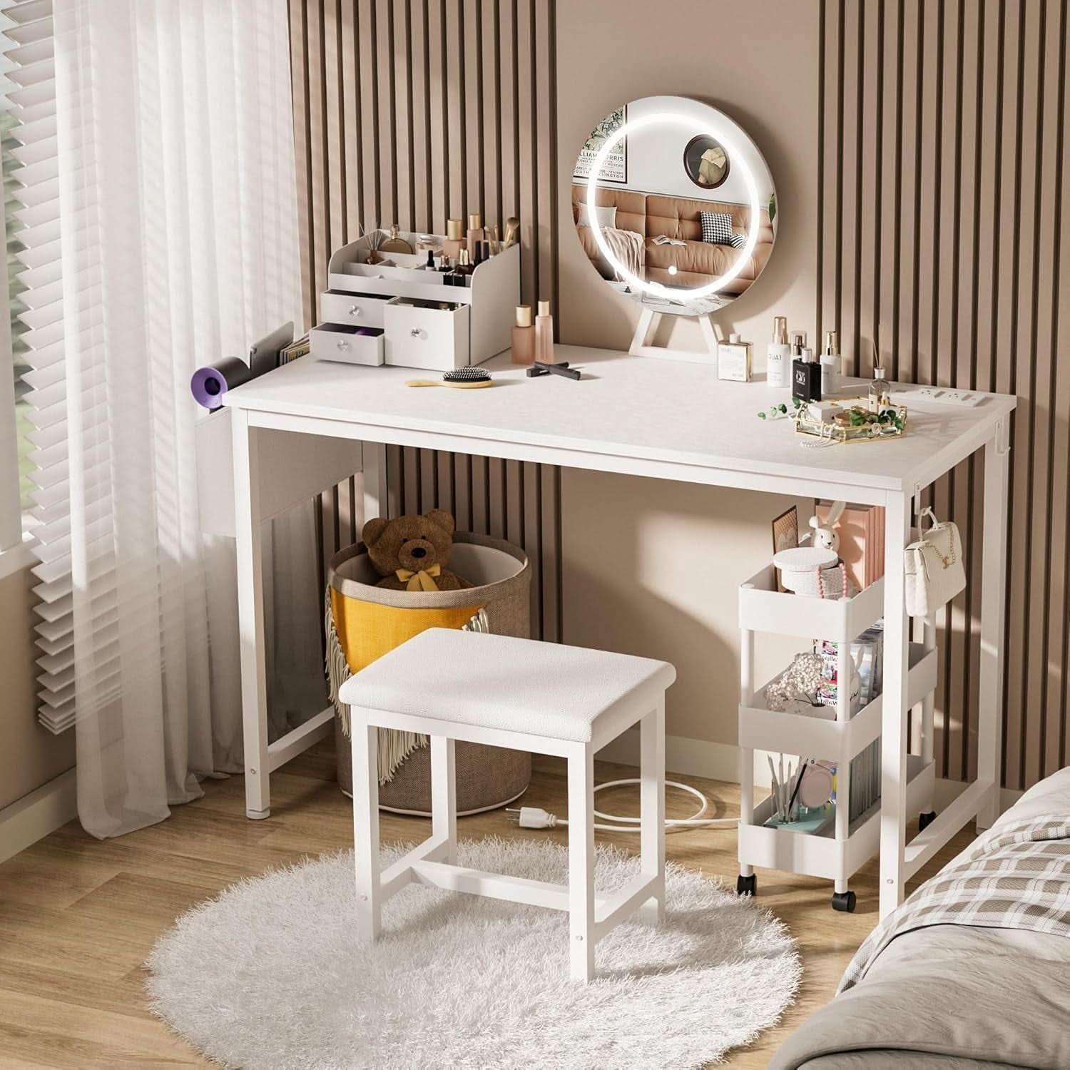 47-inch white vanity desk with round LED lighted mirror, storage pocket, and PU-padded stool — view 2