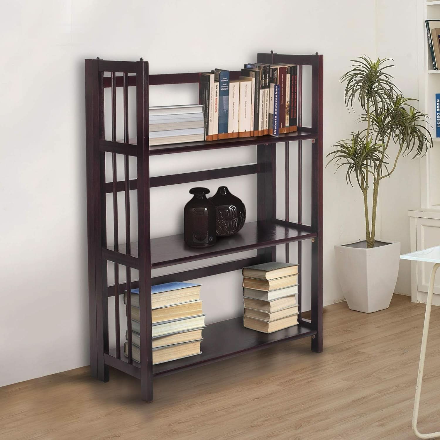 Three shelf folding stackable bookcase in rich solid espresso wood for home office storage — view 5