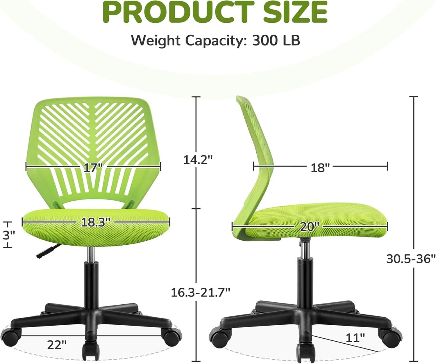 Kids green swivel desk chair with armless design, padded seat, and ergonomic lumbar backrest. — view 3