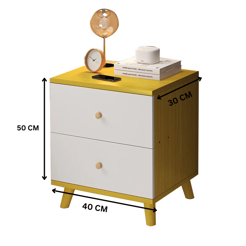 Modern bamboo bedside table with white storage cabinet accents in a minimalist bedroom setting — view 2