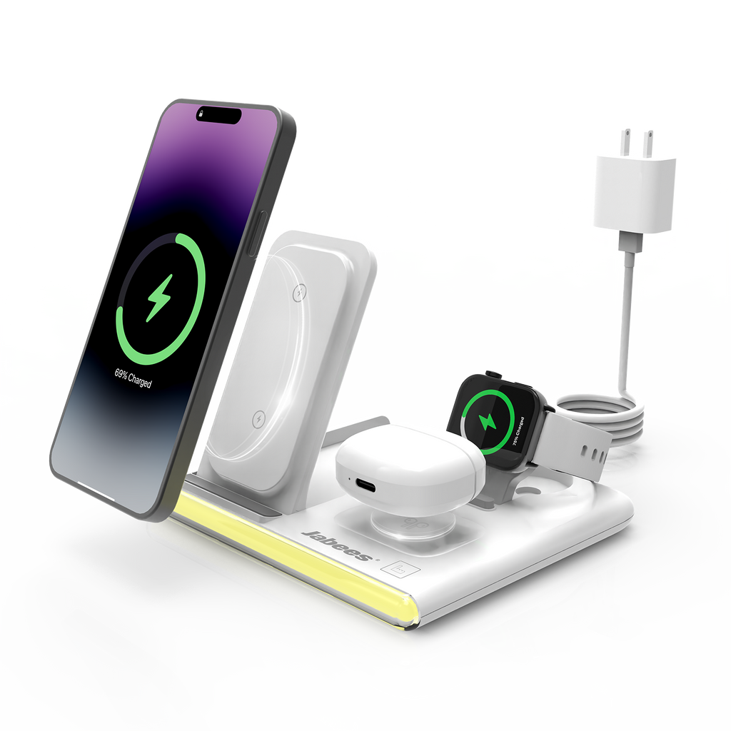 Jabees PowerGlow 4-in-1 foldable wireless charging station with built-in LED night light and adjustable stand