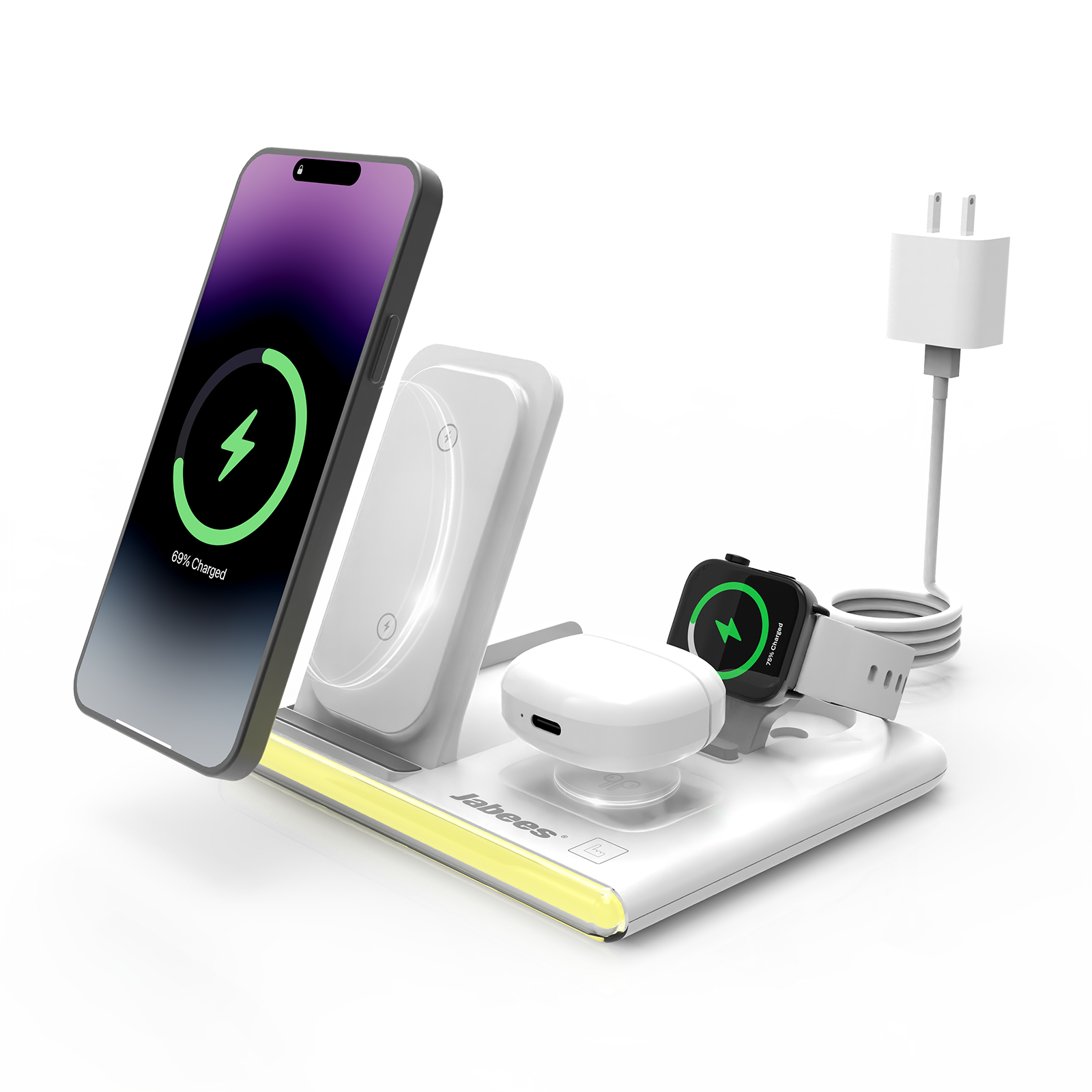 Jabees PowerGlow 4-in-1 foldable wireless charging station with built-in LED night light and adjustable stand