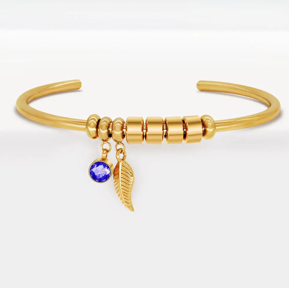 Custom DIY beaded lettering birthstone bracelet in stainless steel with sparkling Czech rhinestones — view 5