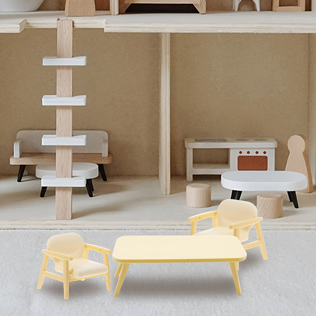 Three piece miniature realistic plastic table and chair set for dollhouses and diorama craft projects — view 3