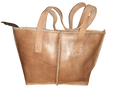 Medium rectangular rustic cowhide leather handbag with white stitching and sturdy dual handles.