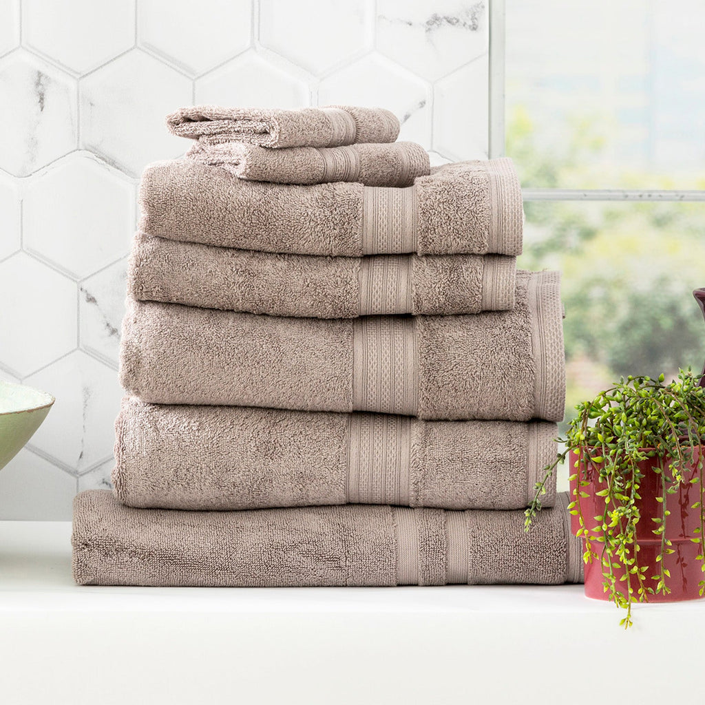 Pewter grey Stella bamboo cotton luxury bath towel set neatly folded for bathroom display