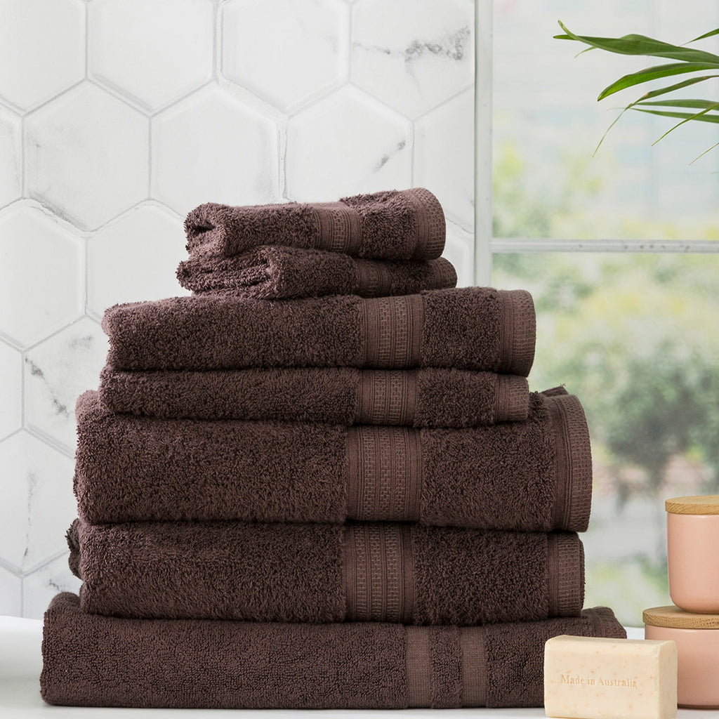 Renee Taylor Stella 650 GSM bamboo cotton bath towel set folded neatly in rich cocoa brown