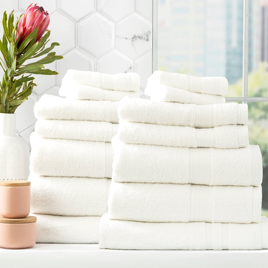 Stack of white Stella bamboo cotton blend luxury bath towels with integrated hanger loops — view 2