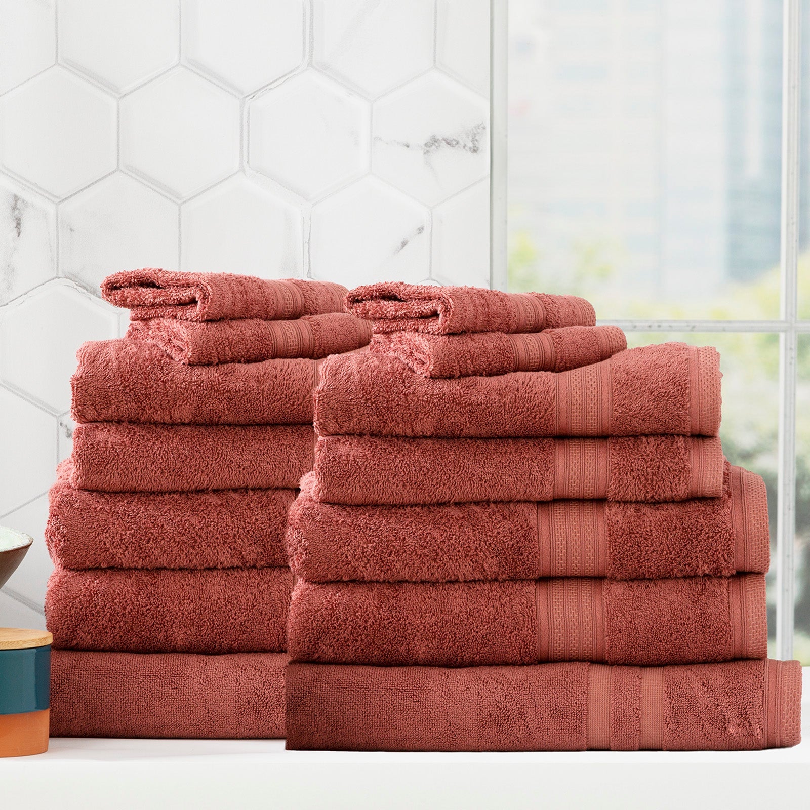 Stella bamboo cotton blend towel set in brick red neatly folded on a bathroom counter — view 2