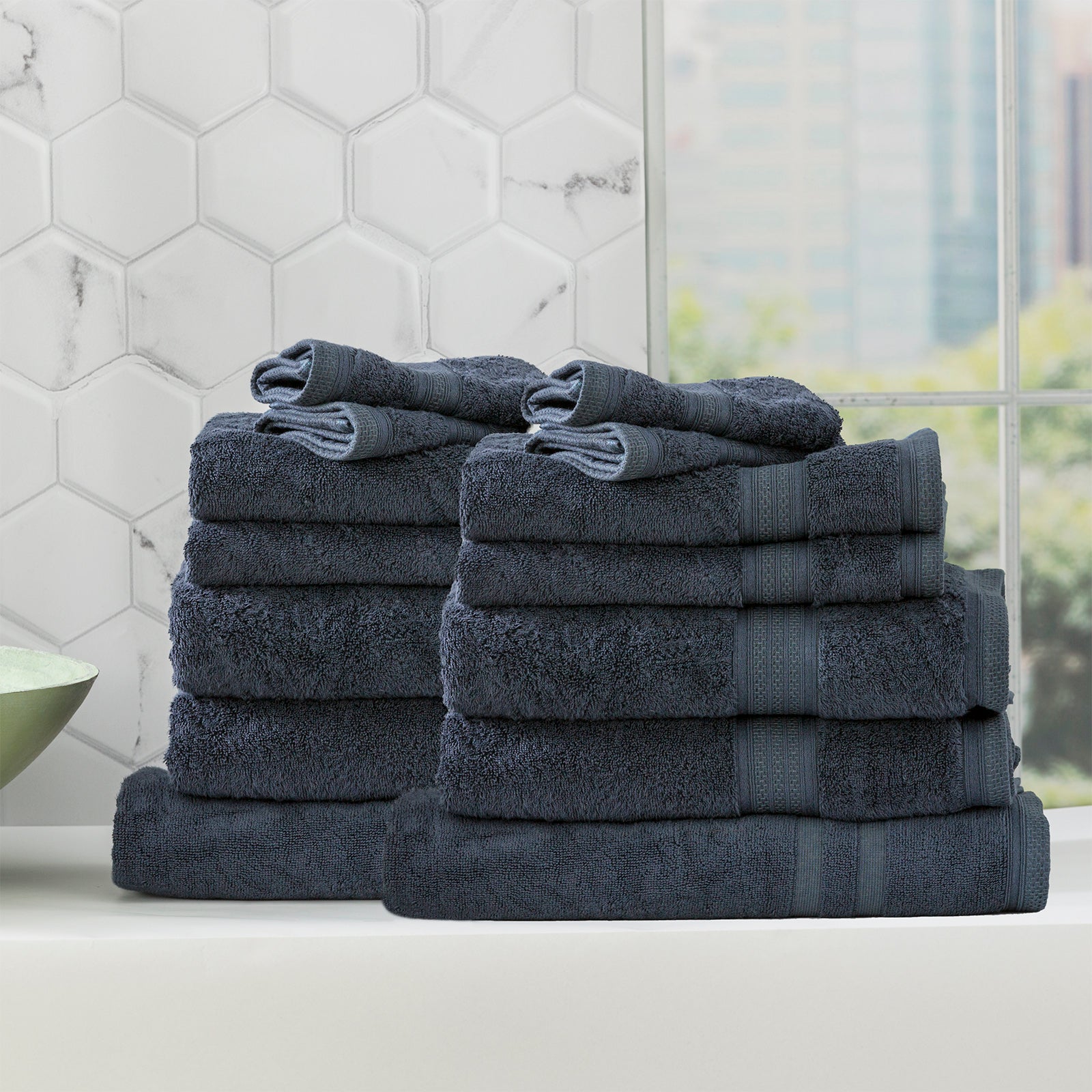 Stella Indigo bamboo cotton blend bath towel set neatly folded in a luxurious bathroom setting — view 2