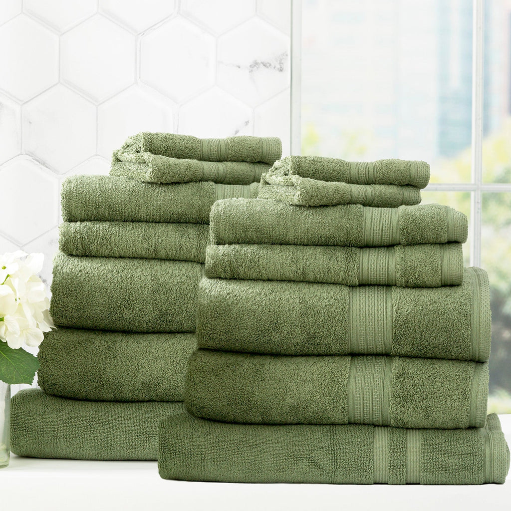 Jade green bamboo cotton bath towel set neatly stacked to showcase plush, absorbent texture — view 2