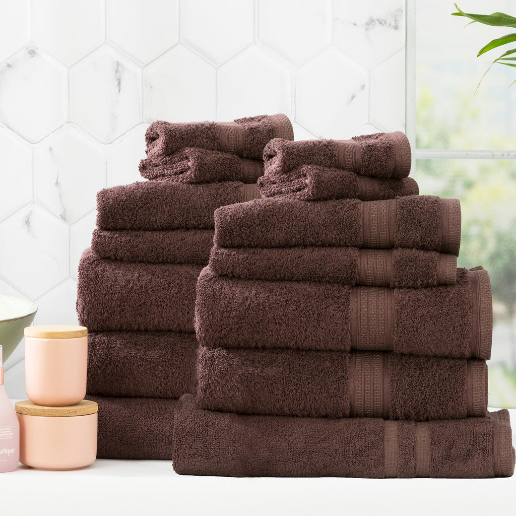 Renee Taylor Stella 650 GSM bamboo cotton bath towel set folded neatly in rich cocoa brown — view 2