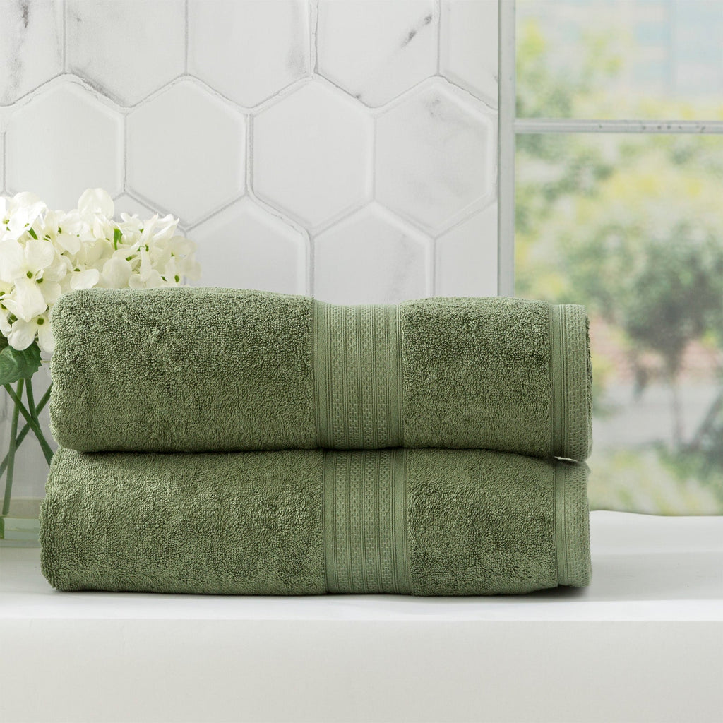Jade green bamboo cotton bath towel set neatly stacked to showcase plush, absorbent texture — view 3