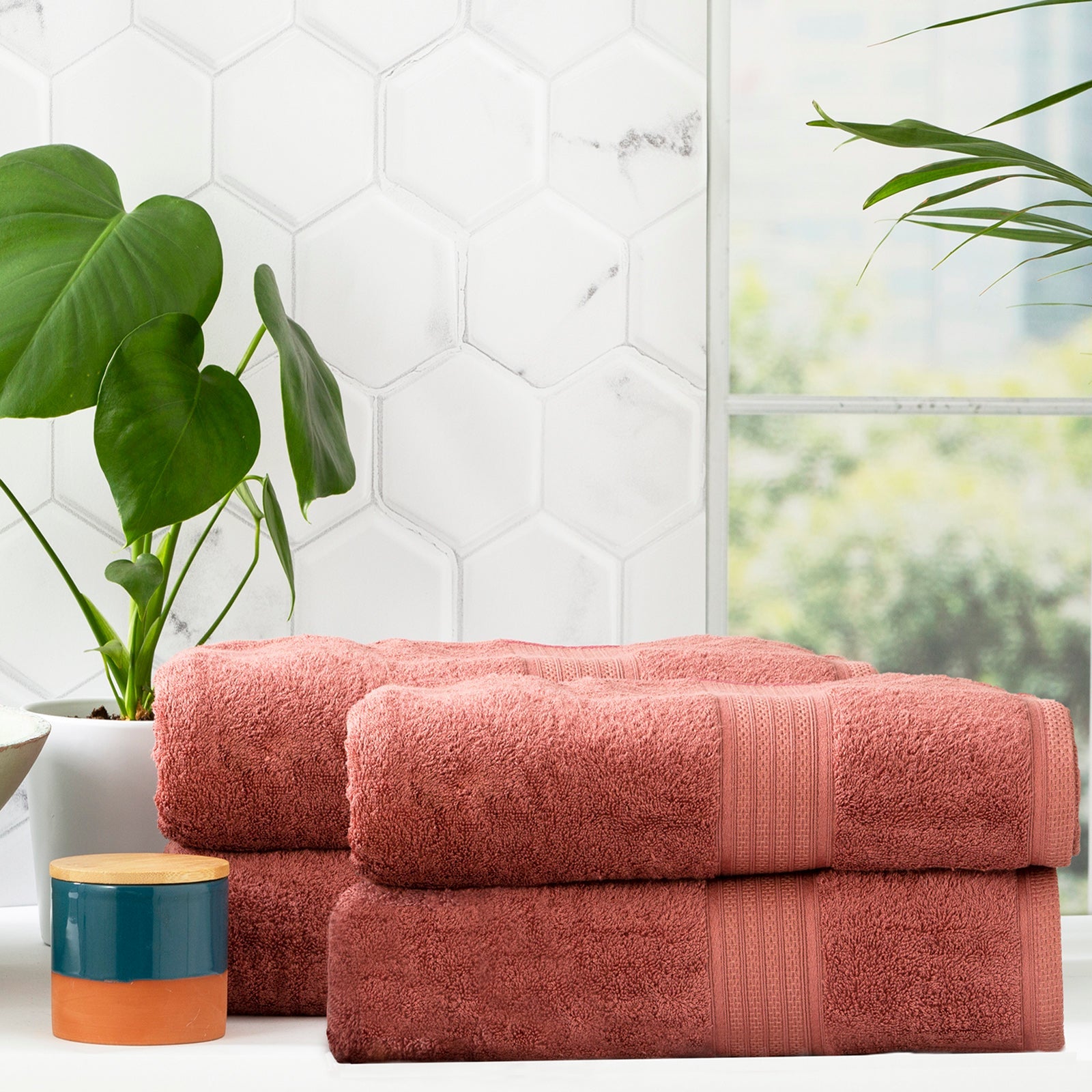 Stella bamboo cotton blend towel set in brick red neatly folded on a bathroom counter — view 4