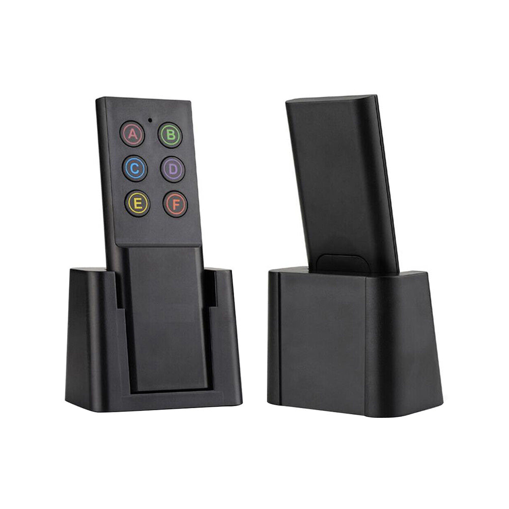 Wireless key finder set showing one black remote transmitter and six small tracker receivers — view 4