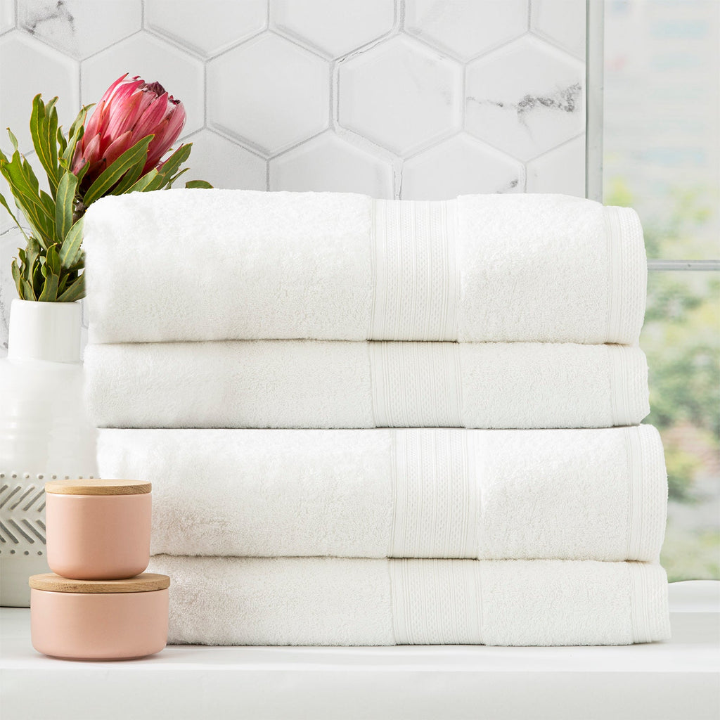 Stack of white Stella bamboo cotton blend luxury bath towels with integrated hanger loops — view 5