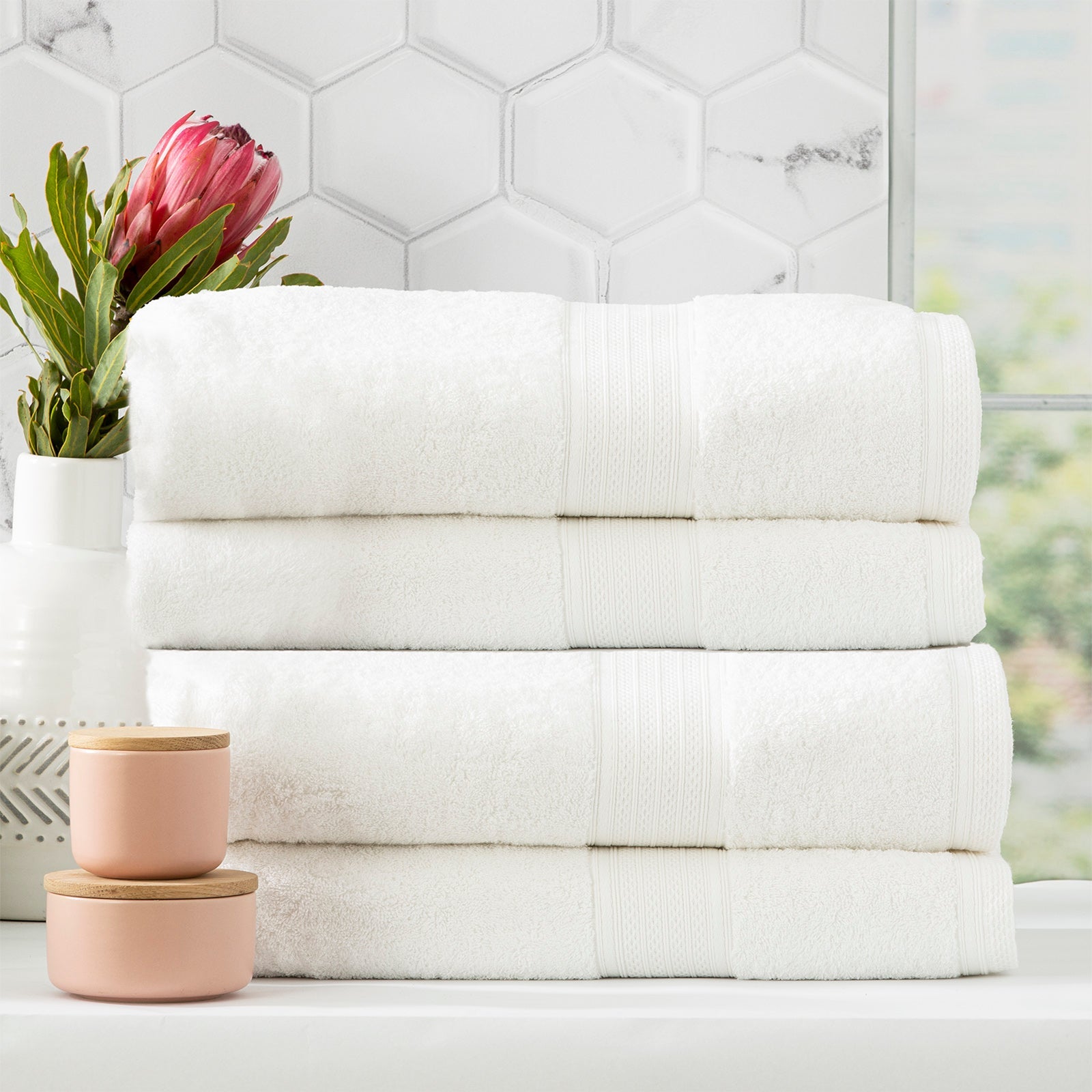 Stack of white Stella bamboo cotton blend luxury bath towels with integrated hanger loops — view 5