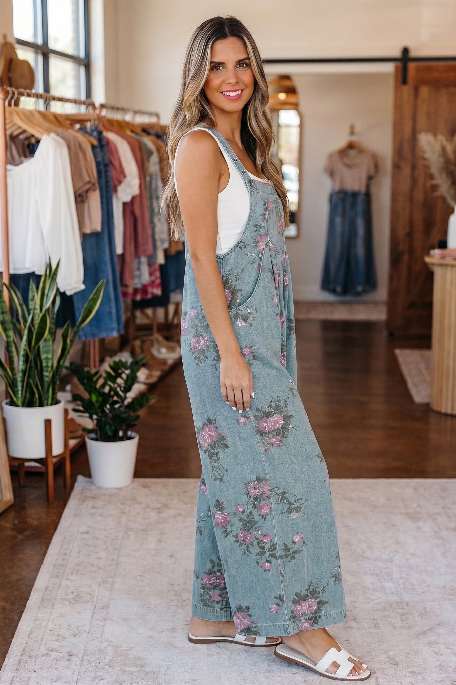 Olivia waist wide leg jumpsuit in vintage washed blue denim with adjustable shoulder straps — view 2