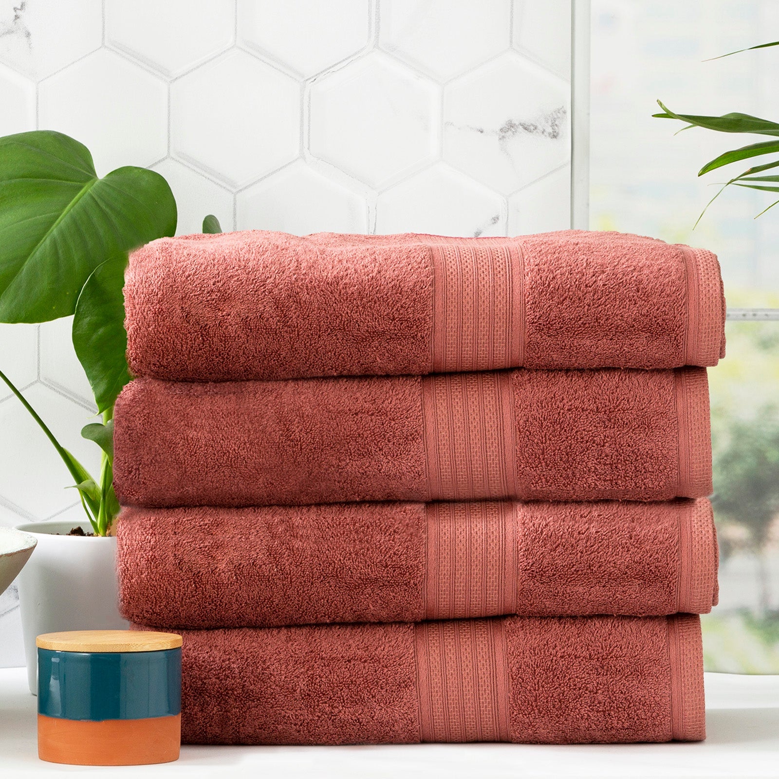 Stella bamboo cotton blend towel set in brick red neatly folded on a bathroom counter — view 5