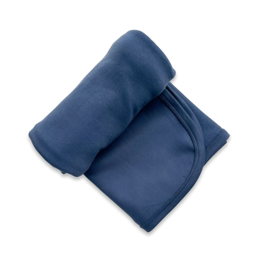 Navy blue baby bamboo swaddle blanket made of ultra-soft stretchy fabric for comfortable wrapping.
