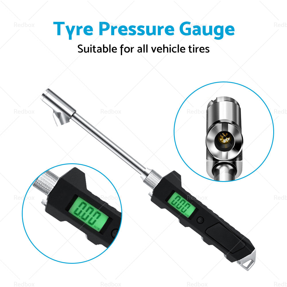 Digital dual-head tire pressure gauge with backlit LCD screen and stainless steel grip — view 4