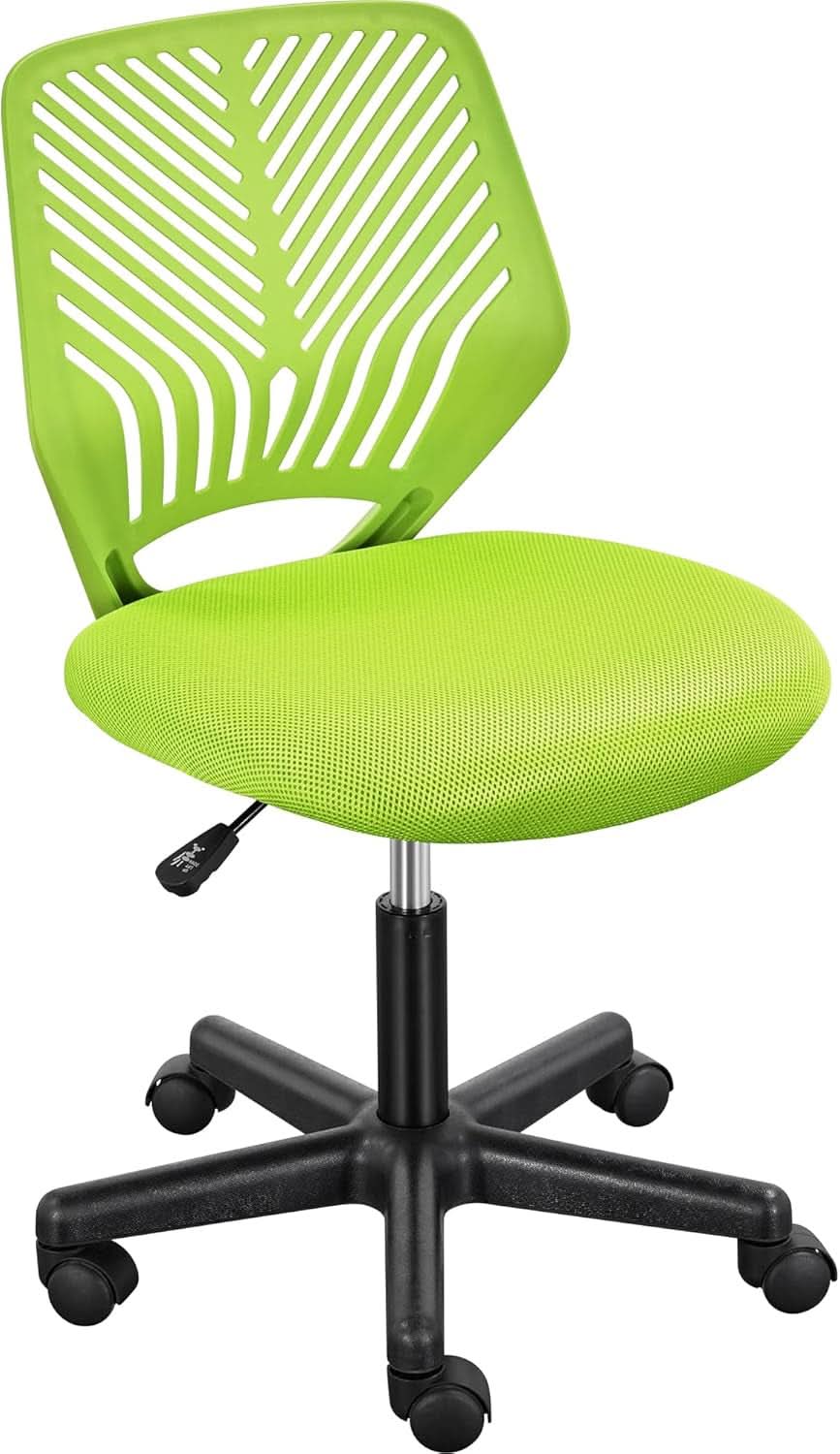 Kids green swivel desk chair with armless design, padded seat, and ergonomic lumbar backrest.