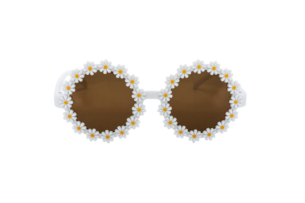 Hot pink kids daisy flower sunglasses with 3D frames and round smoke tinted lenses — view 5