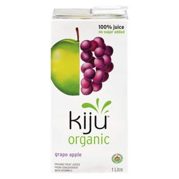 One litre carton of Kiju organic grape and apple juice blend in Tetra Pak packaging.