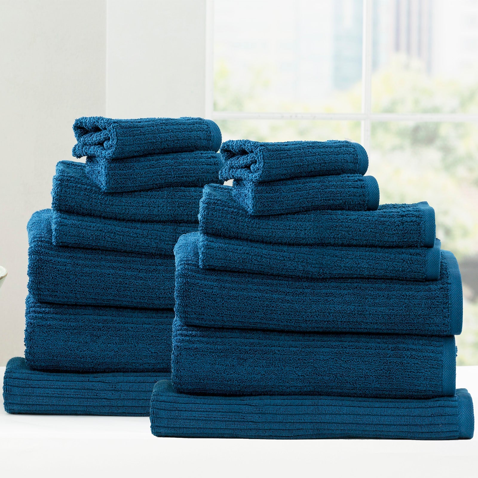 Cobblestone ribbed bath towel set in ink blue folded plush cotton luxury bathroom linens — view 2