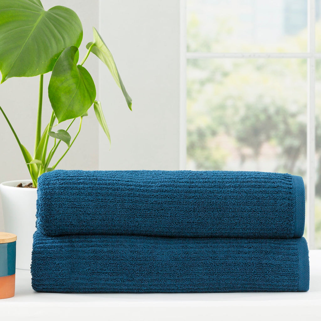 Cobblestone ribbed bath towel set in ink blue folded plush cotton luxury bathroom linens — view 3