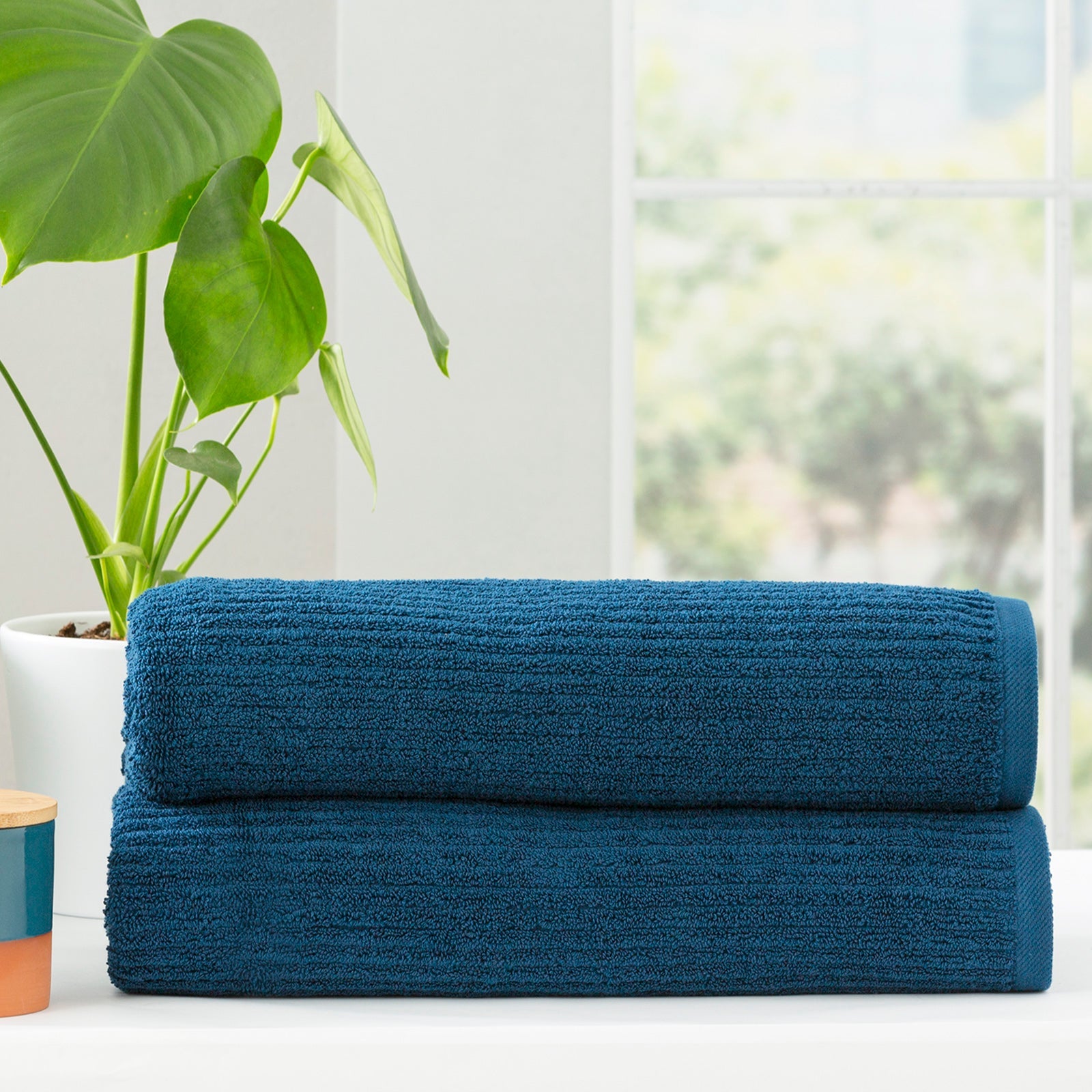 Cobblestone ribbed bath towel set in ink blue folded plush cotton luxury bathroom linens — view 3