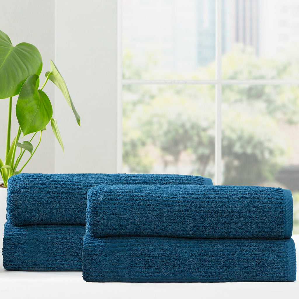 Cobblestone ribbed bath towel set in ink blue folded plush cotton luxury bathroom linens — view 4
