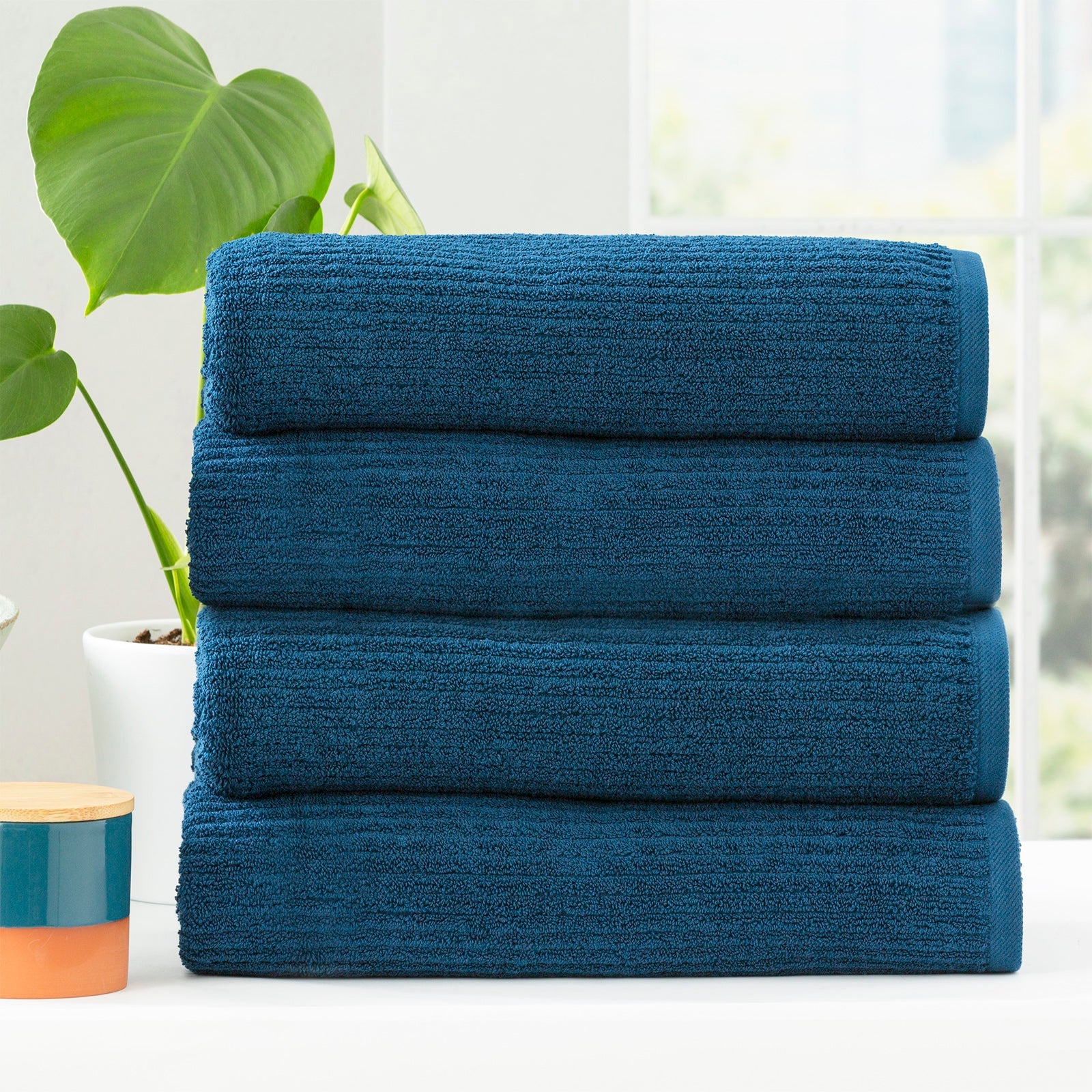 Cobblestone ribbed bath towel set in ink blue folded plush cotton luxury bathroom linens — view 5
