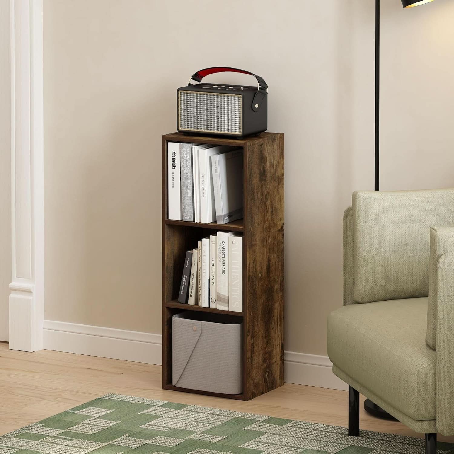 Pasir 3-tier open bookcase in amber pine wood finish, compact storage display shelf — view 2